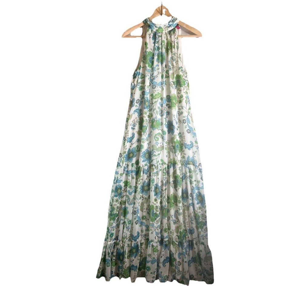 Vince Camuto Floral Sleeveless Halter Maxi Dress Womens M Tiered Boho Sheer